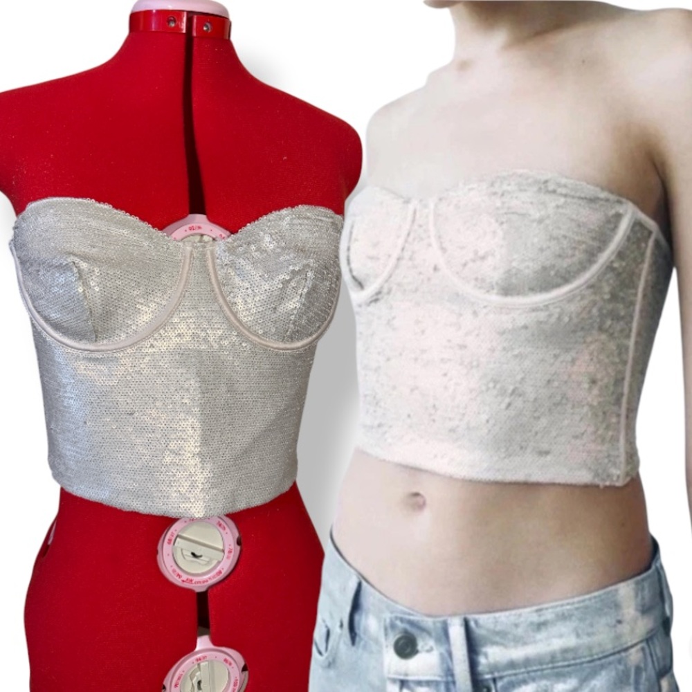 Zara Sparkly Cream Champagne Sequin Corset Bustier Crop Top Size Large